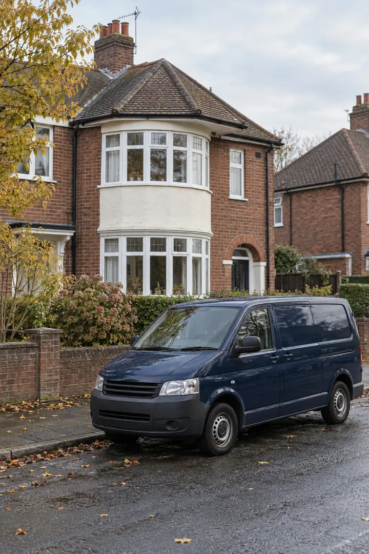 A red-brick semi-detached house with a navy van parked outside
