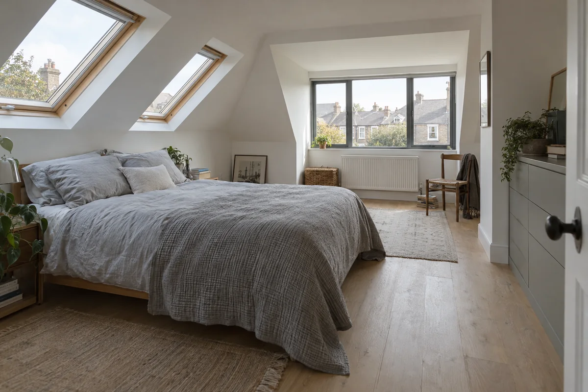 A finished loft room with two roof windows and a dormer window
